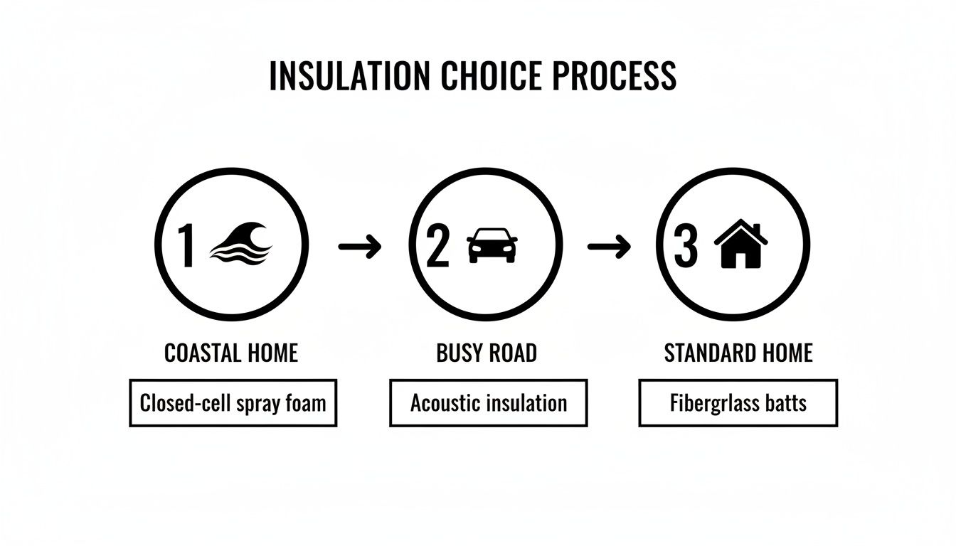 Flowchart illustrating insulation choices for coastal homes, busy roads, and standard homes with recommended materials.