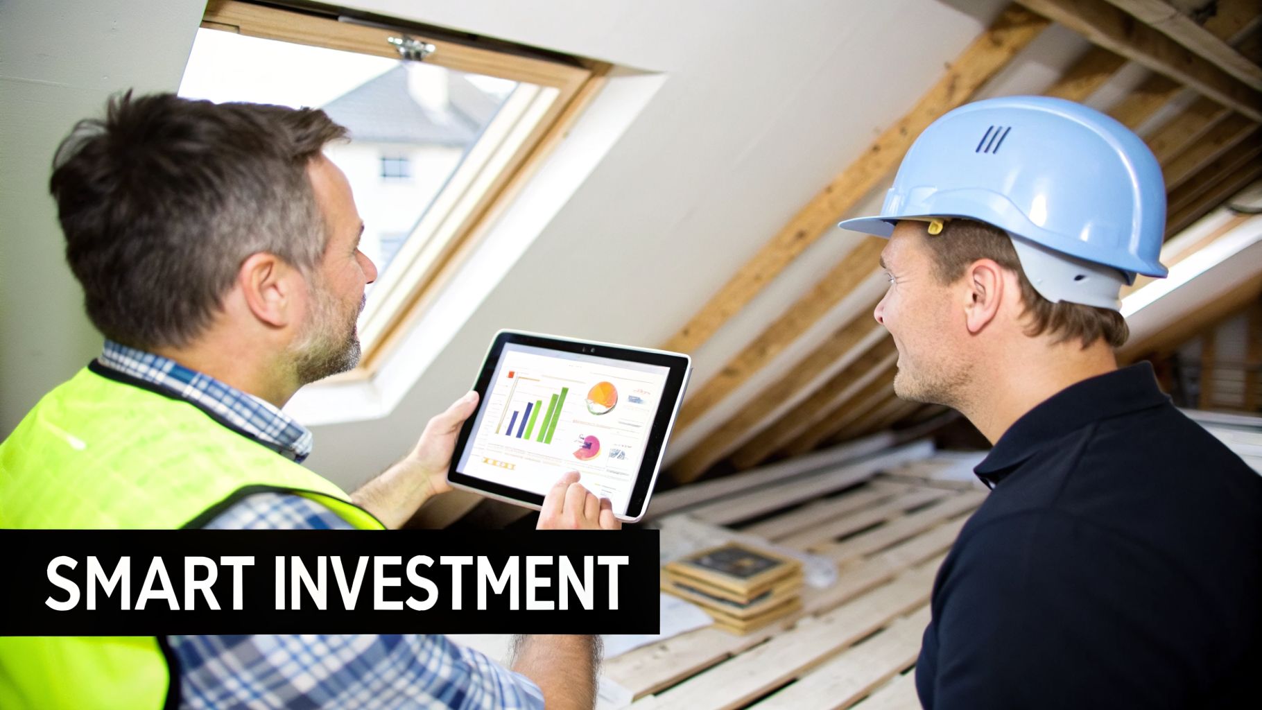 Two construction workers review investment plans on a digital tablet in an attic under roof installation.