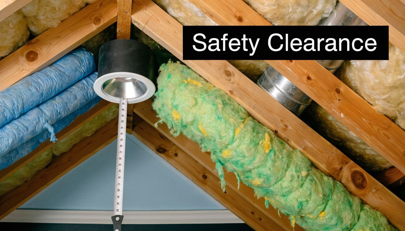 A close-up view of recessed can light fixture in an attic space showing necessary insulation safety clearance.