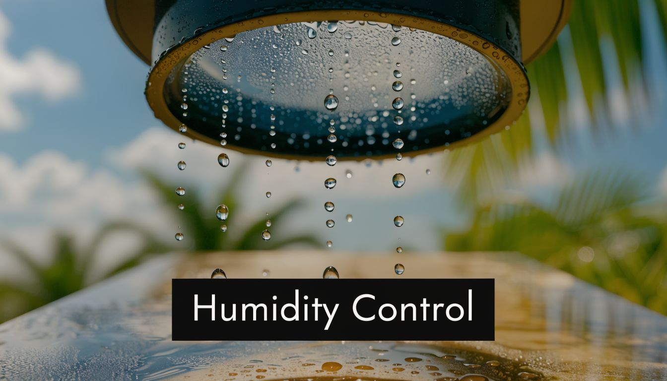 A close-up view of a showerhead with water droplets falling, featuring a label that reads Humidity Control.