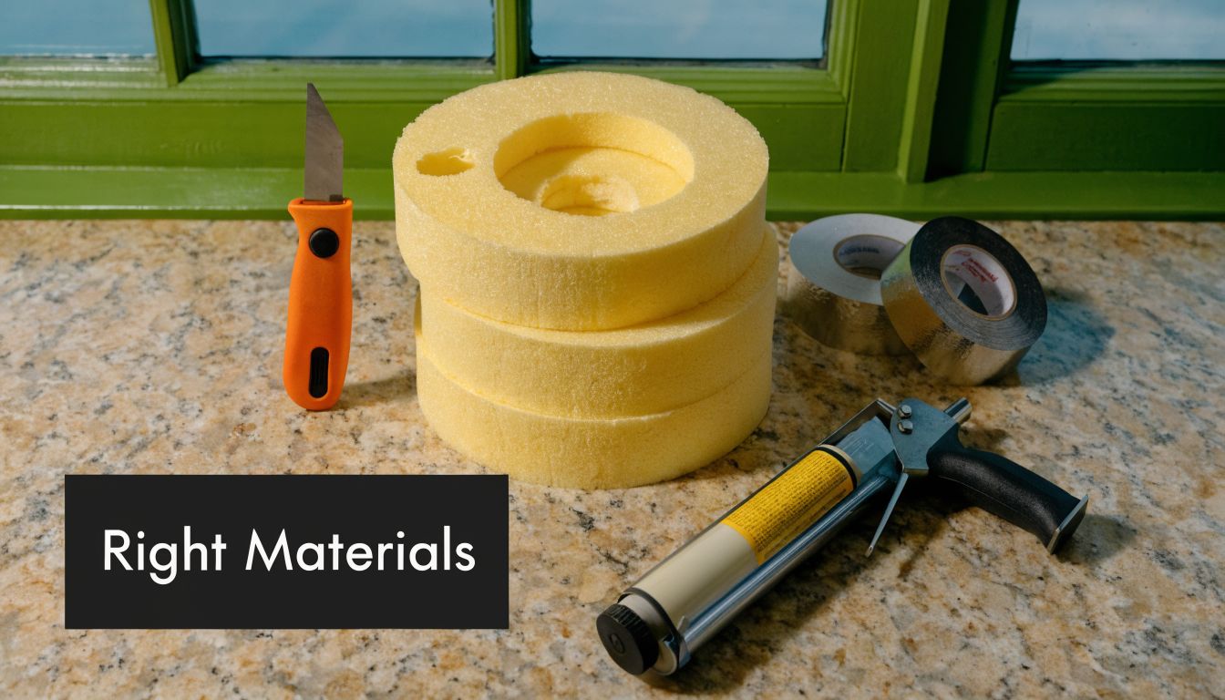 Tools and foam materials for insulating around can lights, including a utility knife, caulk gun, and reflective tape.