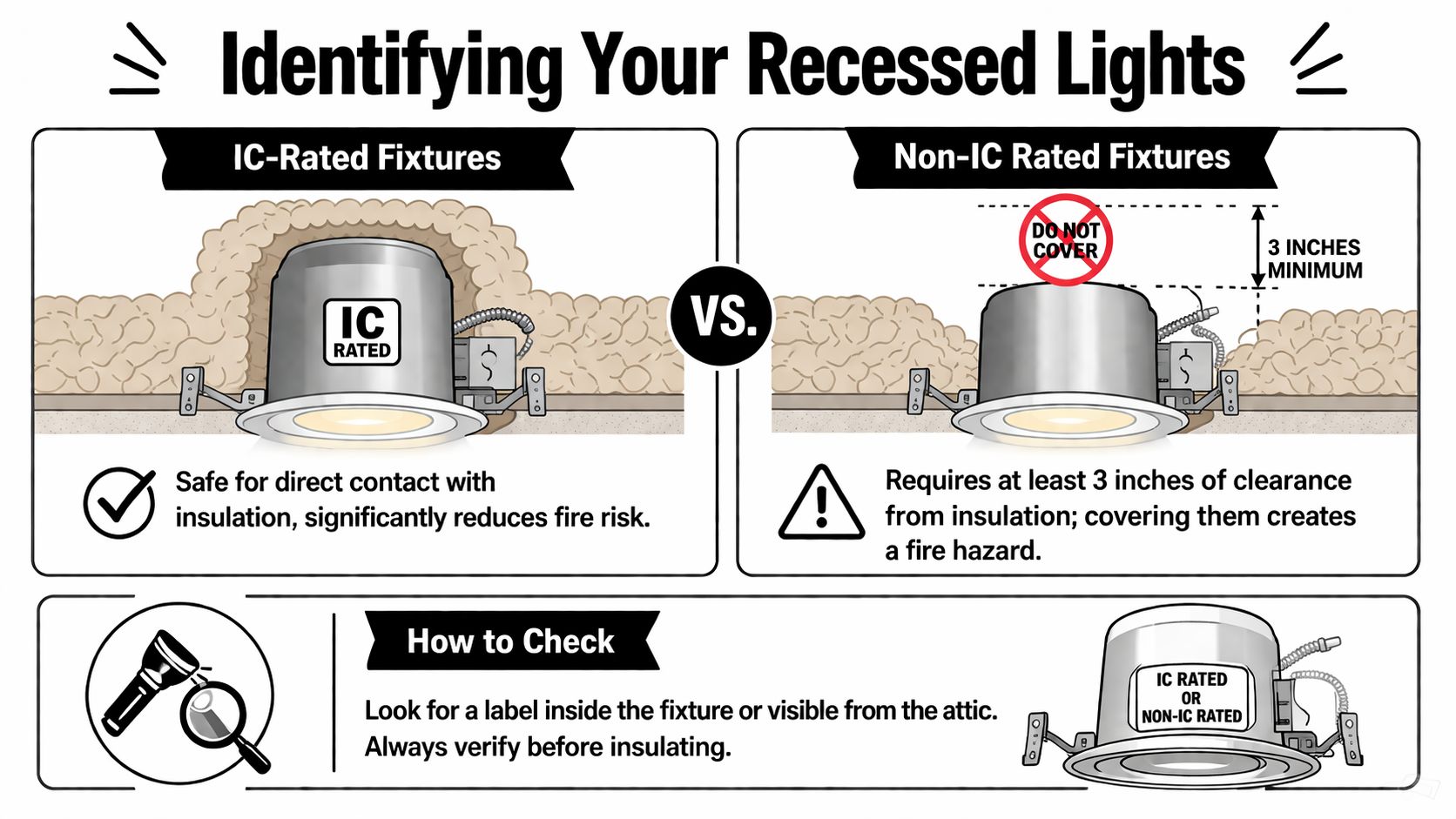 An educational guide showing the difference between IC-rated and non-IC rated recessed light fixtures for insulation safety.