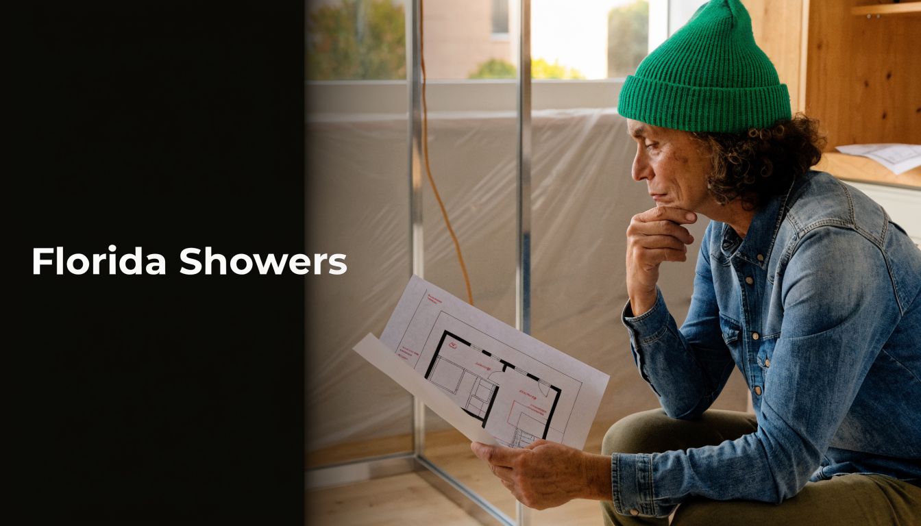 A man wearing a green beanie examines architectural floor plans for a bathroom renovation project.