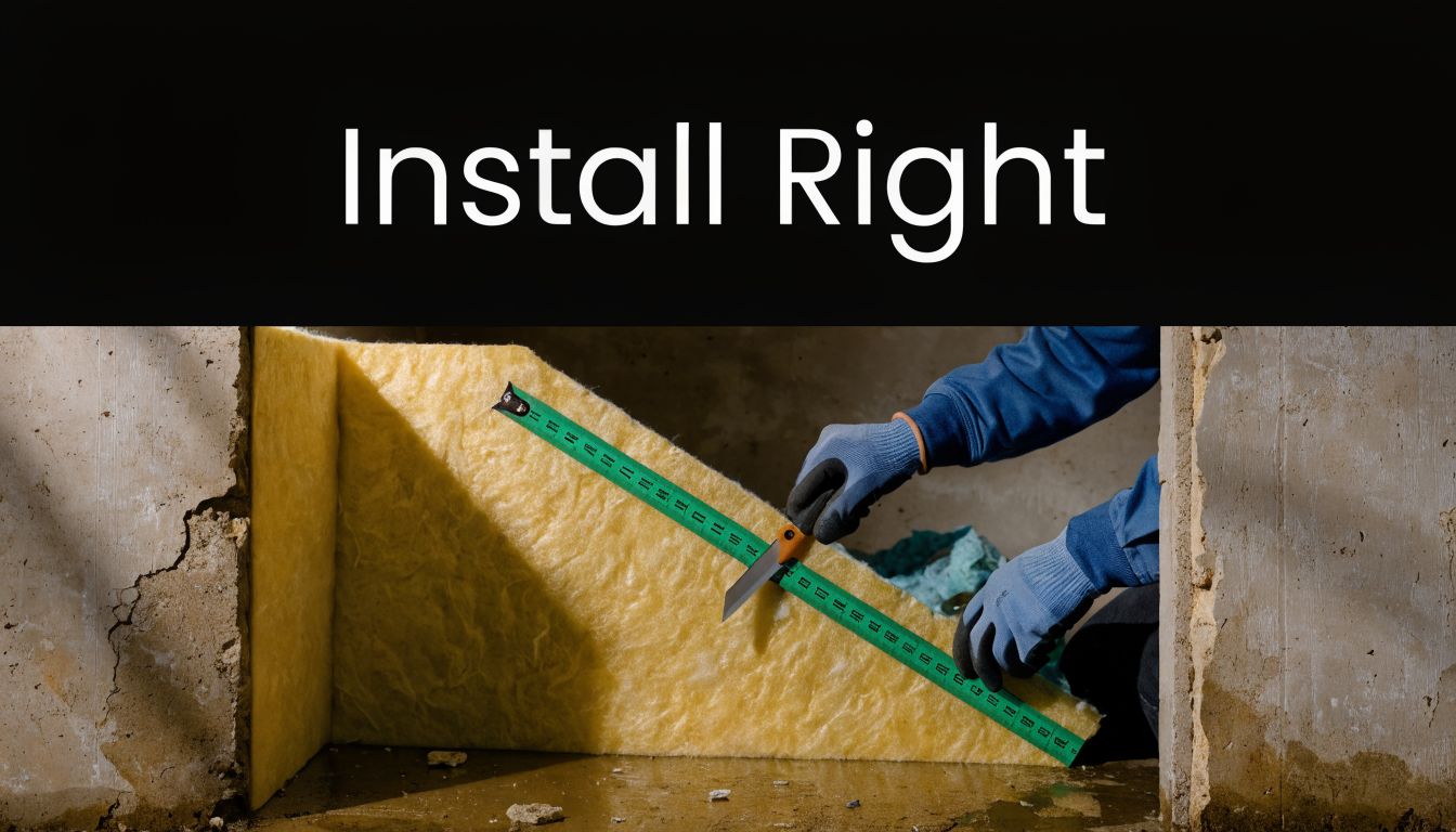 A construction worker wearing gloves uses a straight edge tool to cut yellow fiberglass insulation for walls.