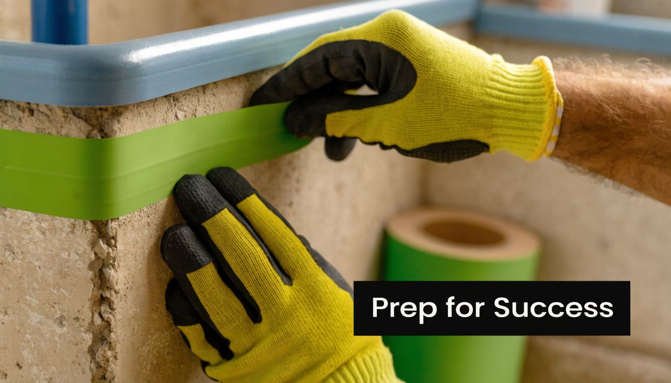 A construction worker wearing gloves carefully applying green masking tape along the edge of a shower wall.