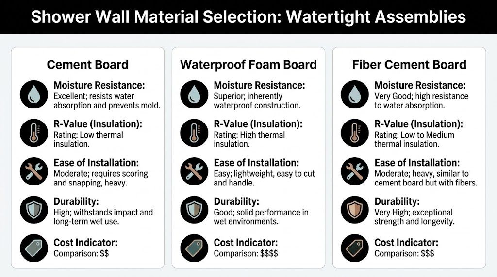 A comparison chart for shower wall materials including cement board, waterproof foam board, and fiber cement board.