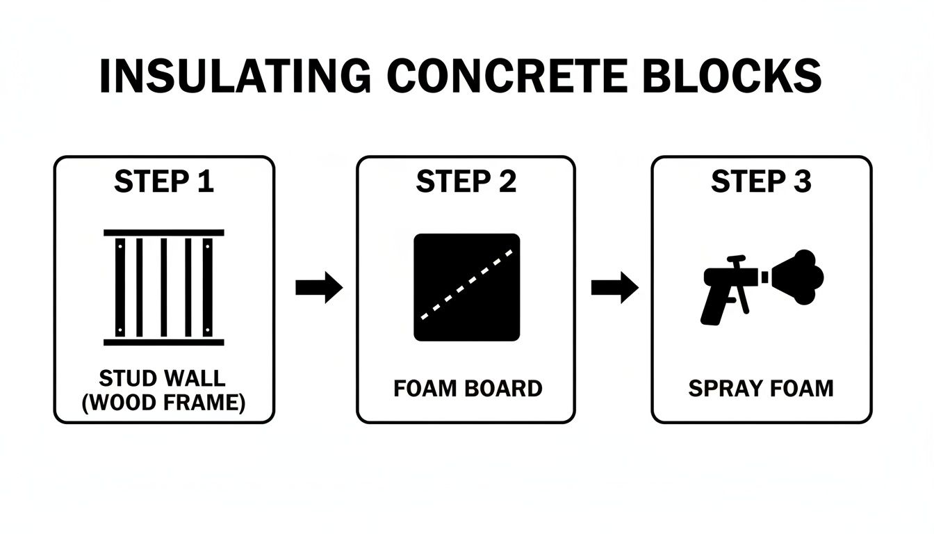 Diagram illustrating a three-step process for insulating concrete blocks using a stud wall, foam board, and spray foam.