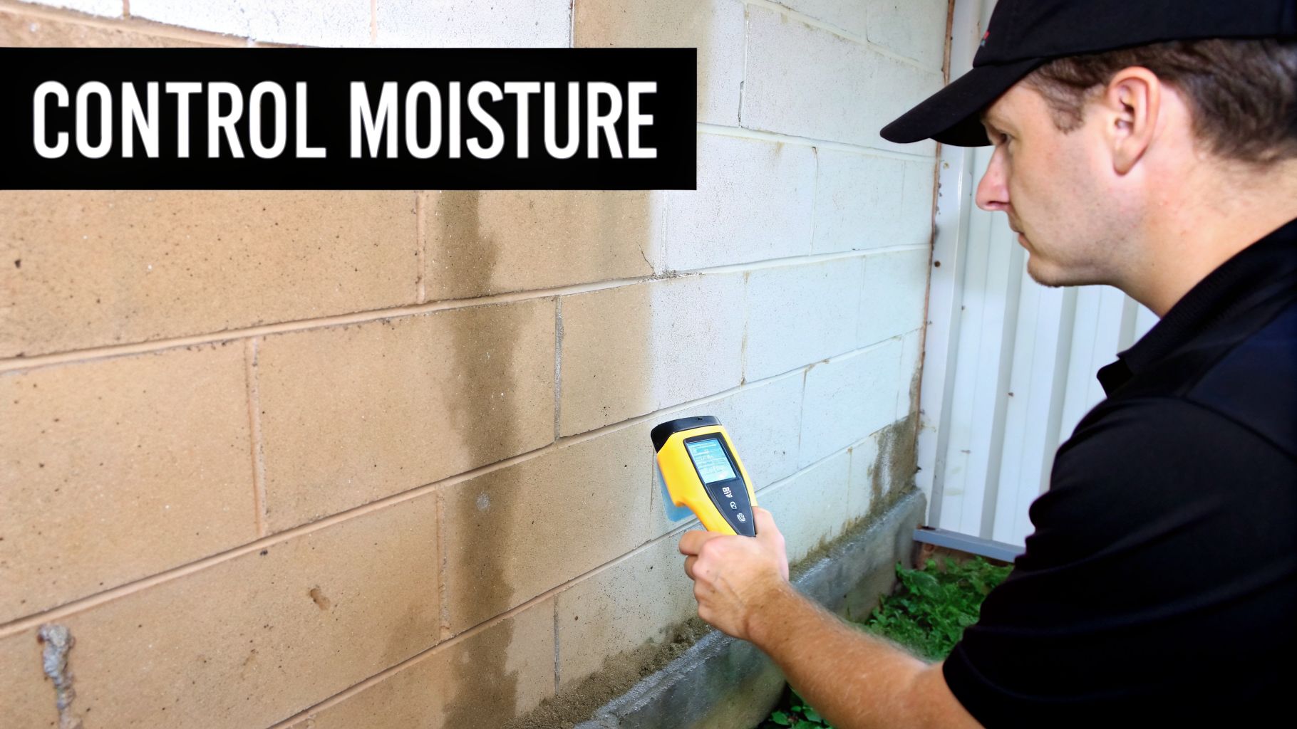 A man uses a yellow moisture meter to check a concrete block wall for dampness.