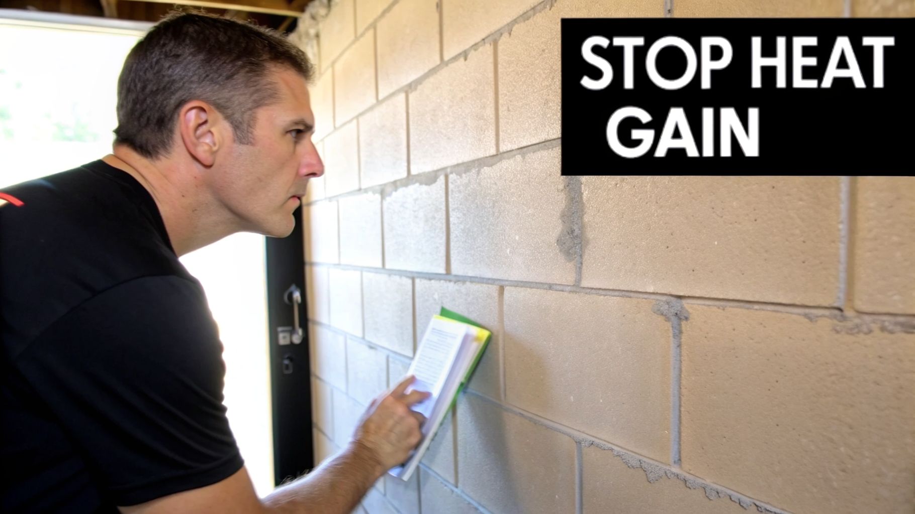 A man carefully inspects a concrete block wall, next to a sign reading 'STOP HEAT GAIN'.