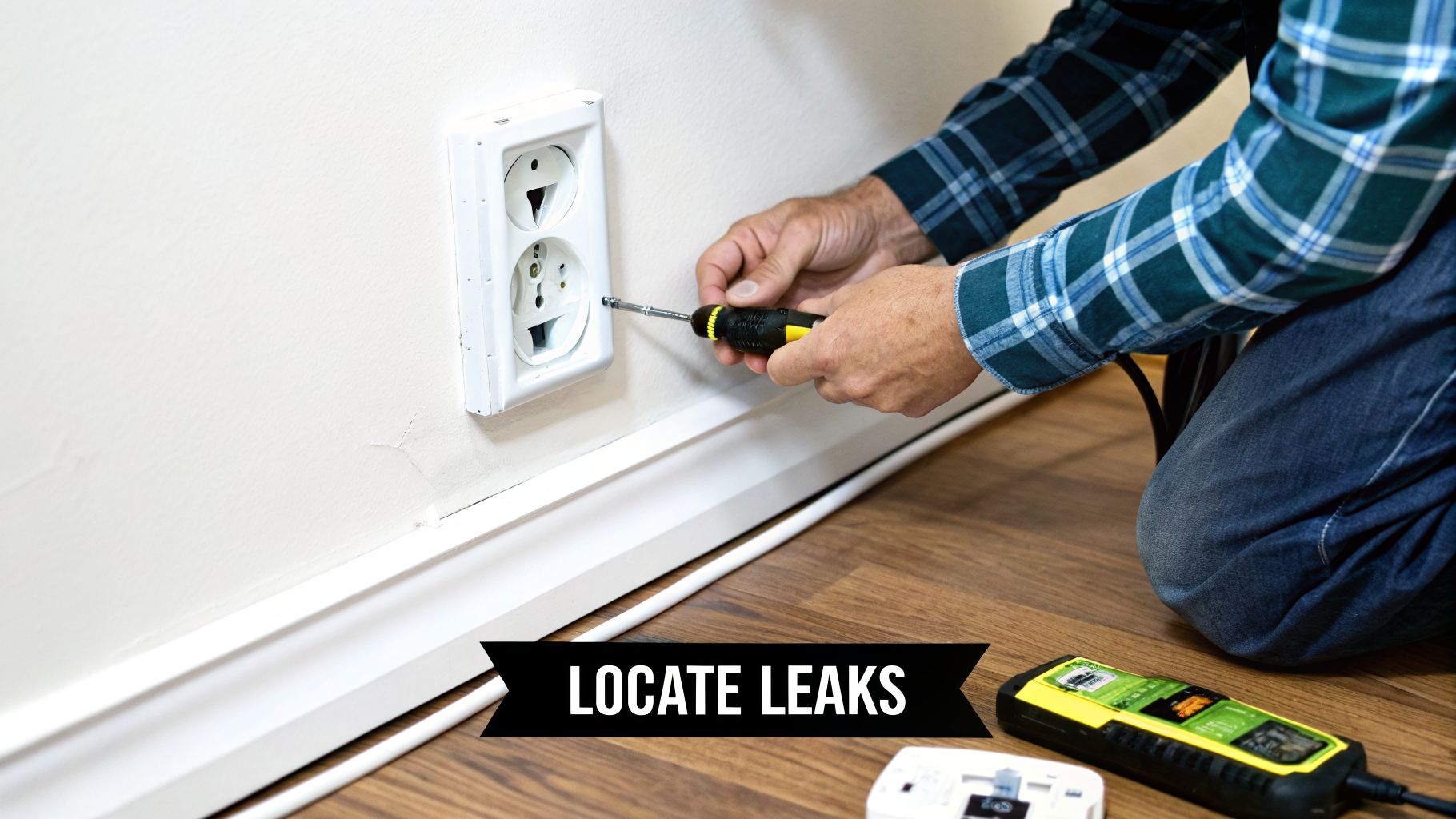 Insulation for Wall Outlets: Seal Drafts & Save Money 3 Person repairing electrical outlet on a wall showing water damage with a screwdriver, leak detector nearby.
