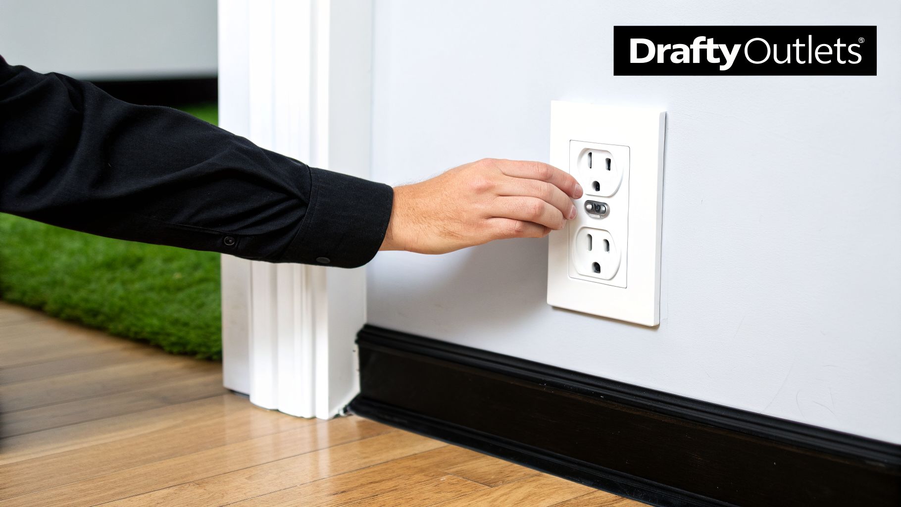 Insulation for Wall Outlets: Seal Drafts & Save Money 2 A hand inserts an insulating plug into a white wall outlet on a gray wall.