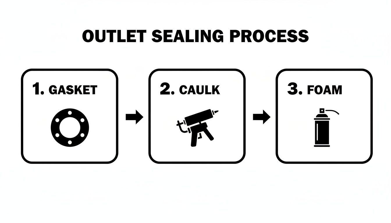 Insulation for Wall Outlets: Seal Drafts & Save Money 5 Diagram illustrating the three-step outlet sealing process with gasket, caulk, and spray foam applications.