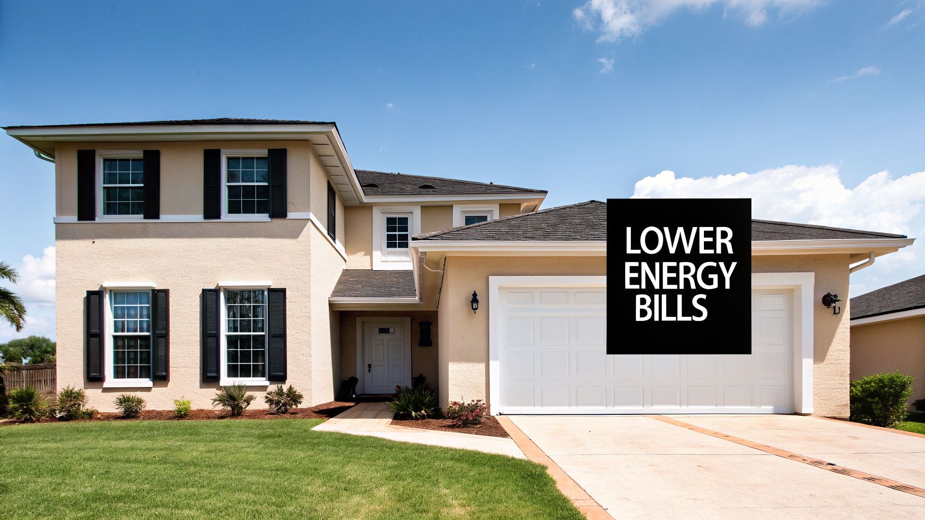 A two-story beige house with a white garage door and green lawn under a blue sky, promoting lower energy bills.