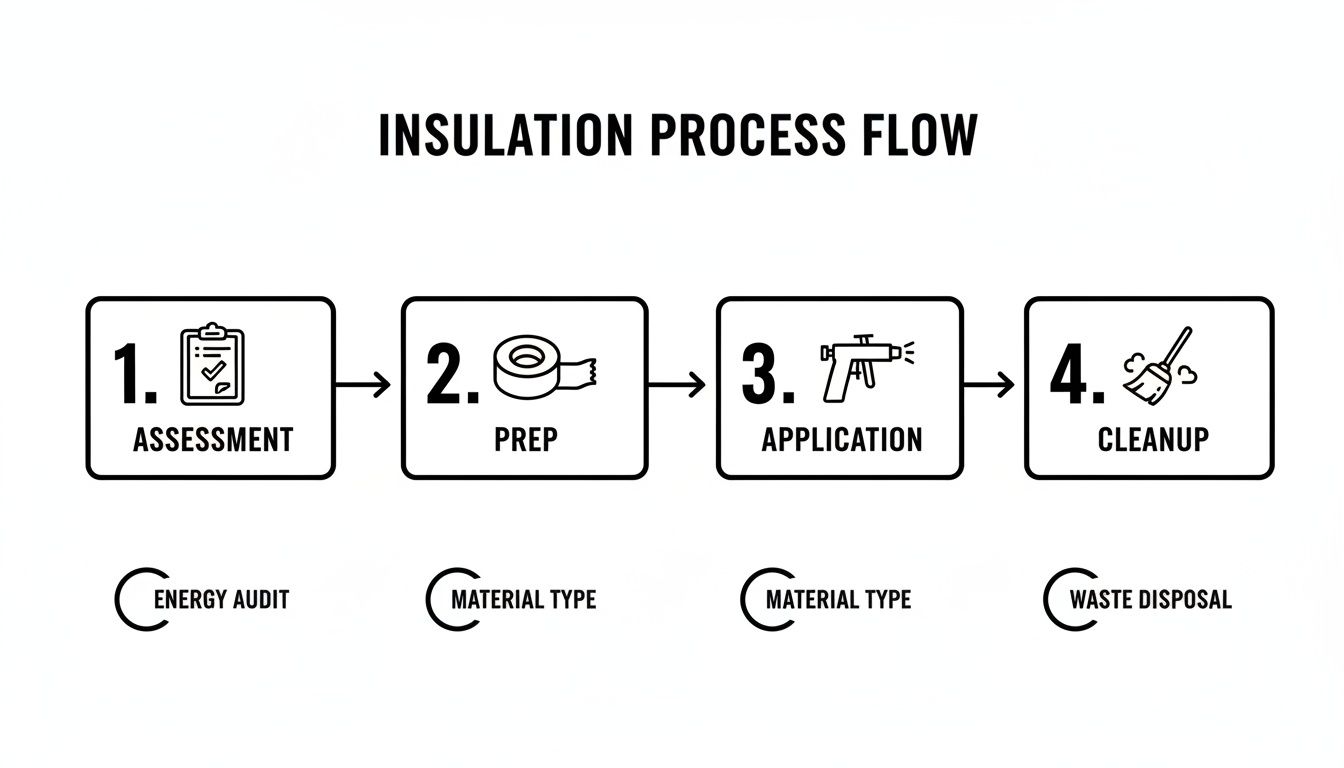 A diagram illustrating the four-step insulation process flow: assessment, prep, application, and cleanup.