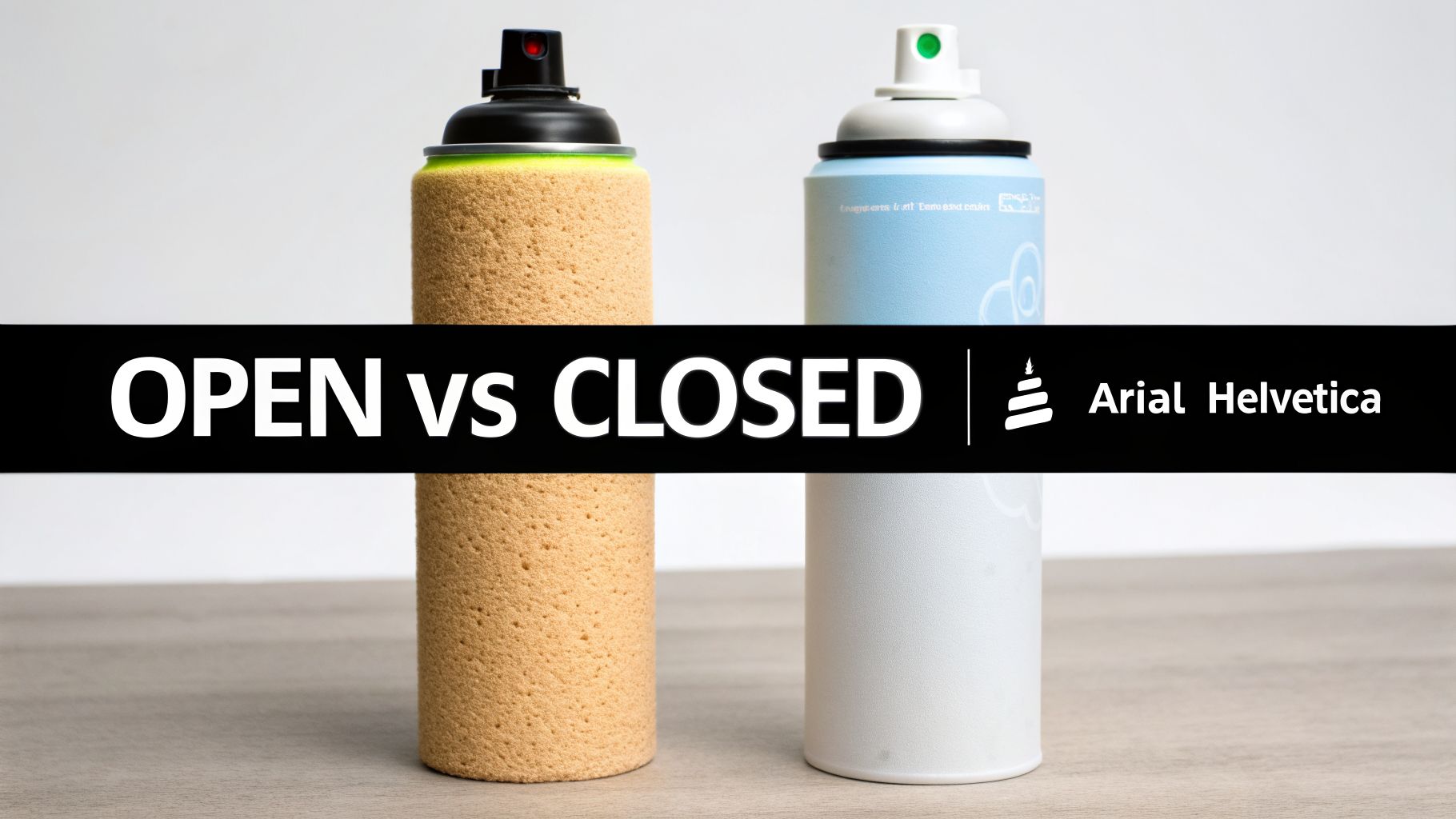 Two spray foam cans, one open with a red nozzle, one closed with a green nozzle.