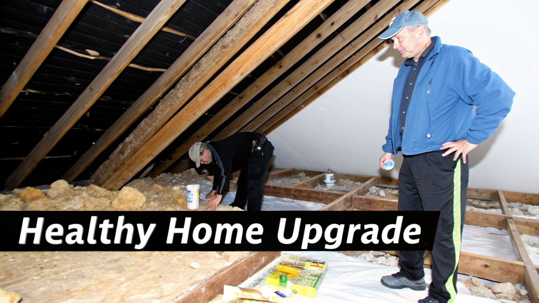 Two men working in an attic, surrounded by wooden beams and insulation, on a home upgrade project.