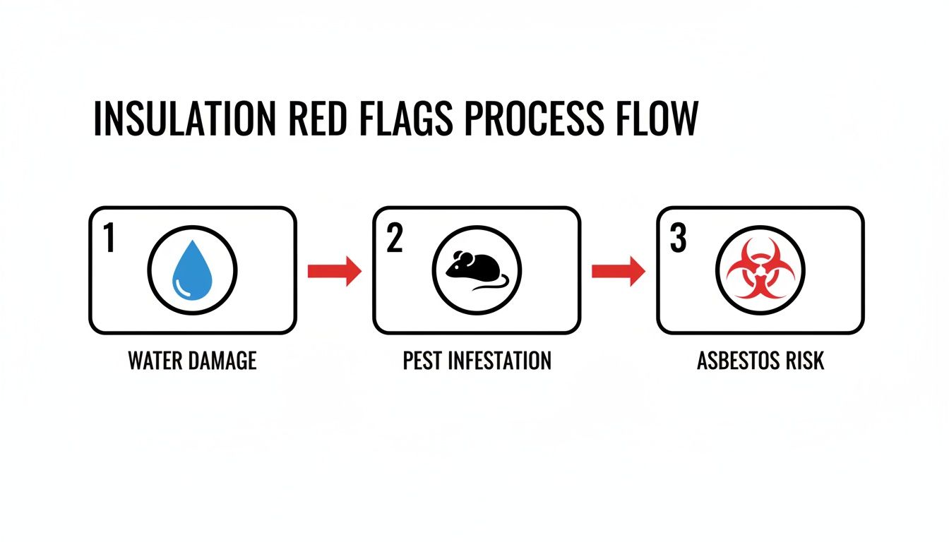 Process flow diagram showing insulation red flags: water damage, pest infestation, and asbestos risk.