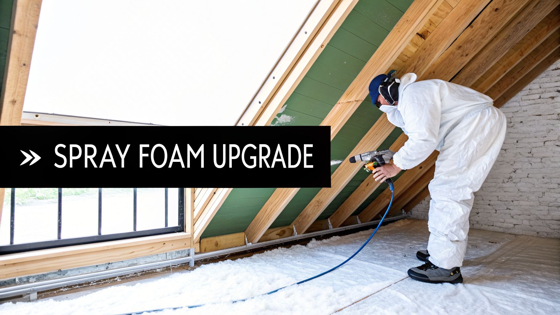 A person in a white protective suit applies spray foam insulation to an attic space.