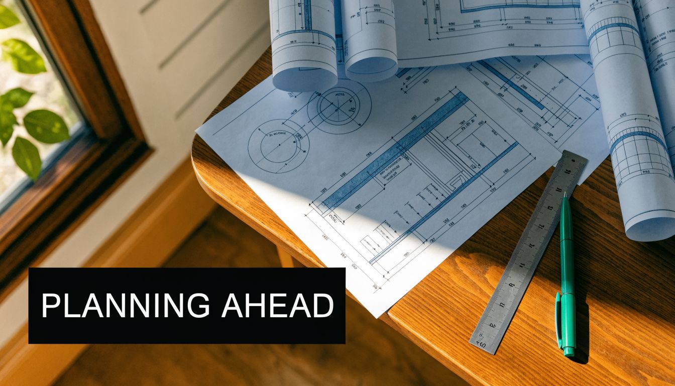 Architectural blueprints for building construction resting on a wooden desk next to a ruler and pen.