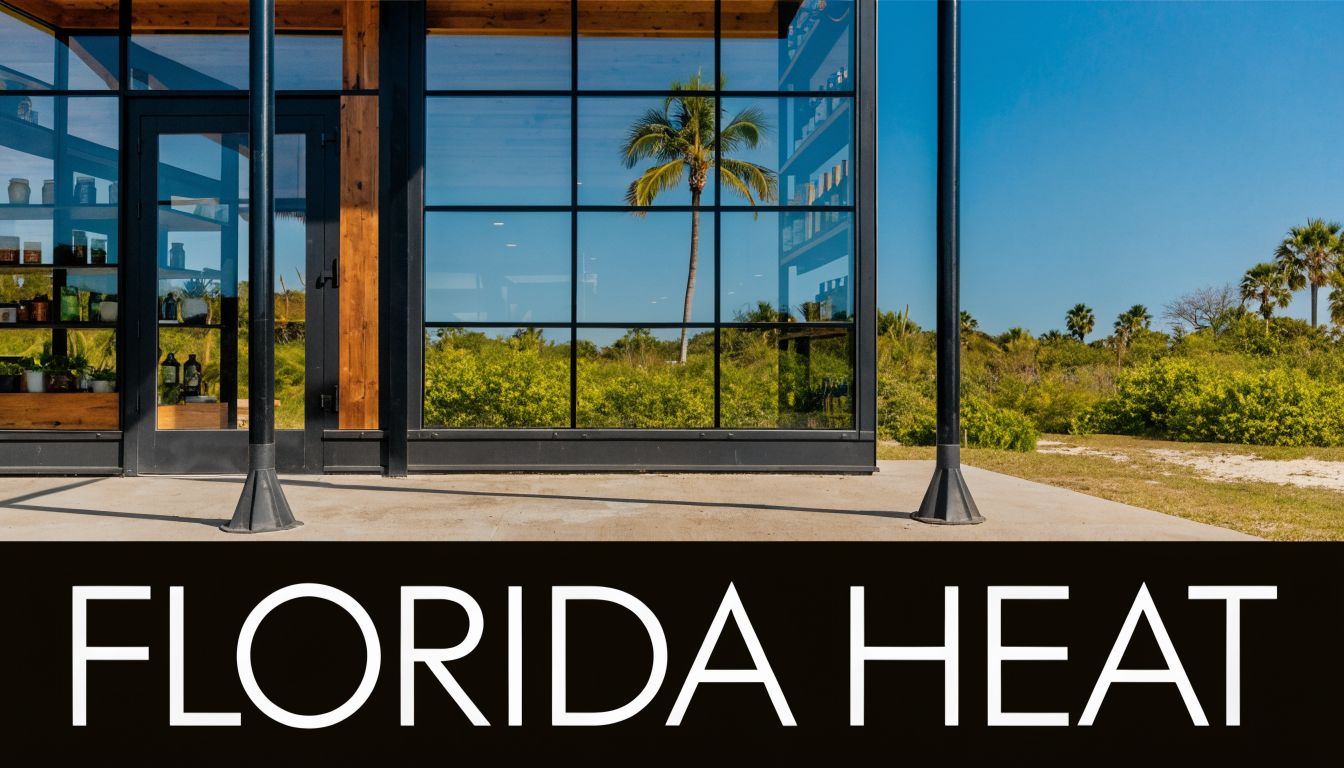 A modern glass building with steel posts standing in a lush tropical Florida landscape under bright skies.