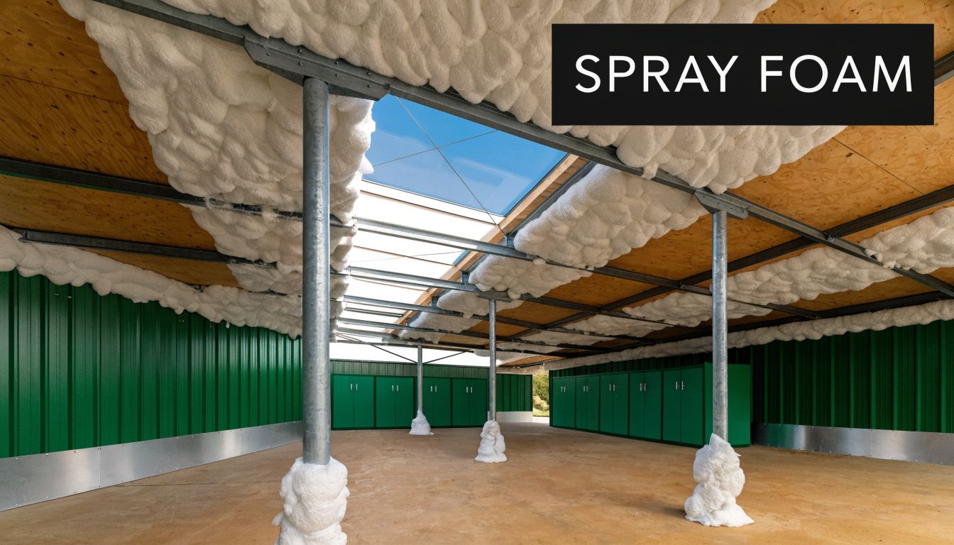 A modern pole building interior featuring spray foam insulation applied to the ceiling and around metal support columns.