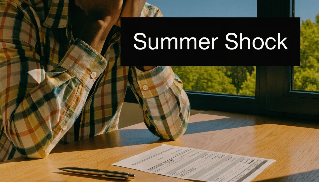 A person looking stressed while reviewing financial documents on a desk with a view of trees.