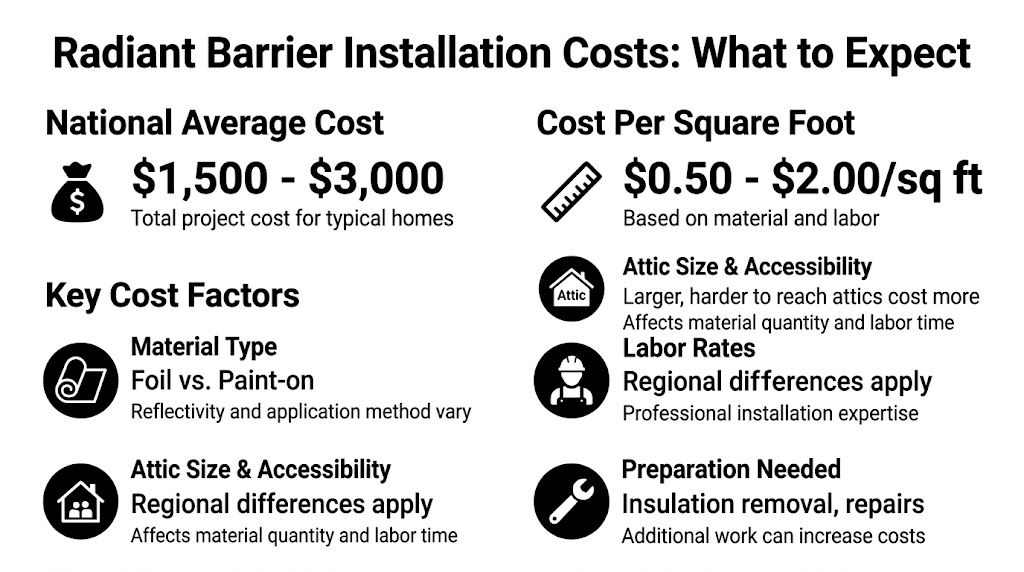 An infographic showing national average costs and key factors for radiant barrier installation in homes.