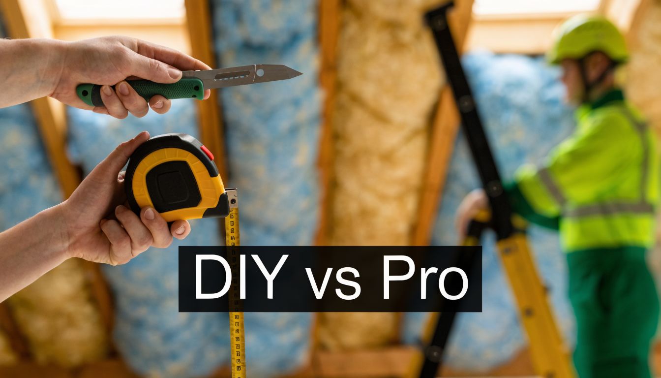 A close-up view of hands holding a utility knife and tape measure with a professional contractor behind.