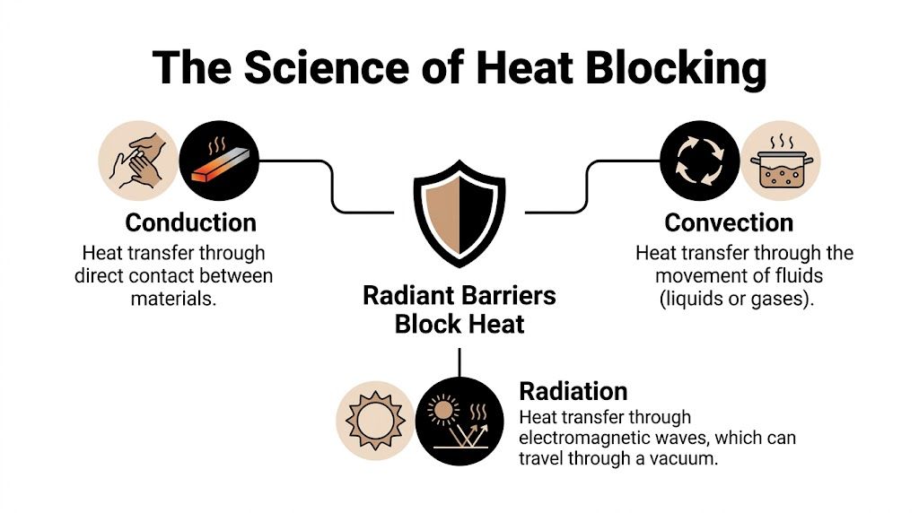 A diagram explaining the three types of heat transfer: conduction, convection, and radiation, and how radiant barriers work.