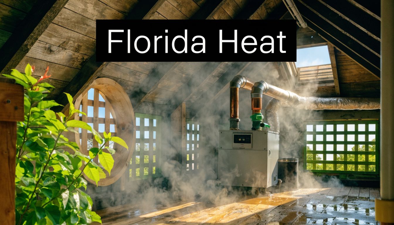 A rustic attic with a steaming HVAC unit and natural light, highlighting the intense heat conditions.