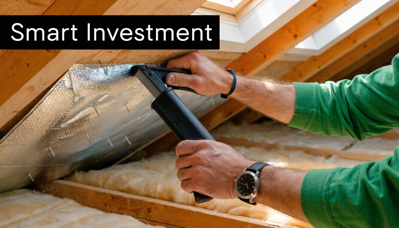 A construction worker installs foil-faced radiant barrier insulation onto wooden roof rafters in an unfinished attic space.