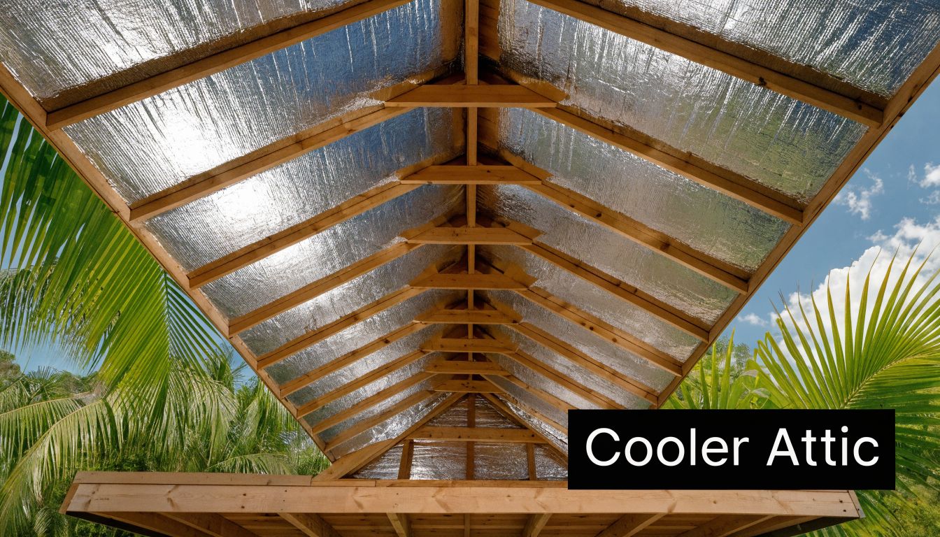 An unfinished wooden roof frame structure featuring reflective radiant barrier insulation installed underneath the rafters.