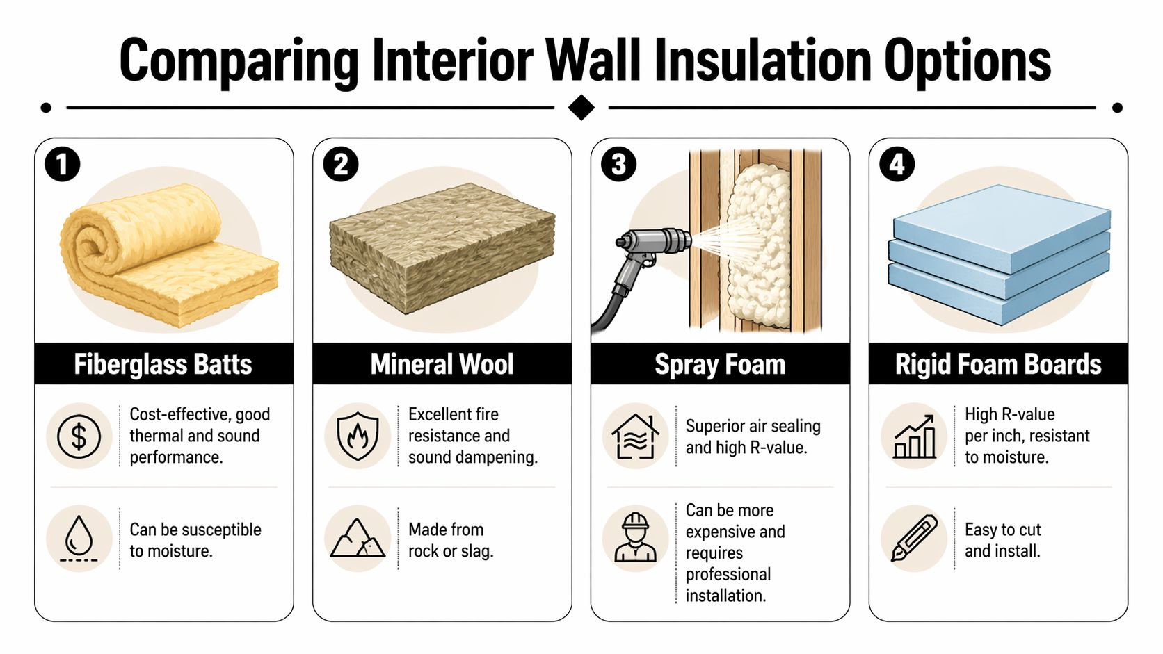 An infographic comparing four common types of interior wall insulation options with descriptions and illustrations.