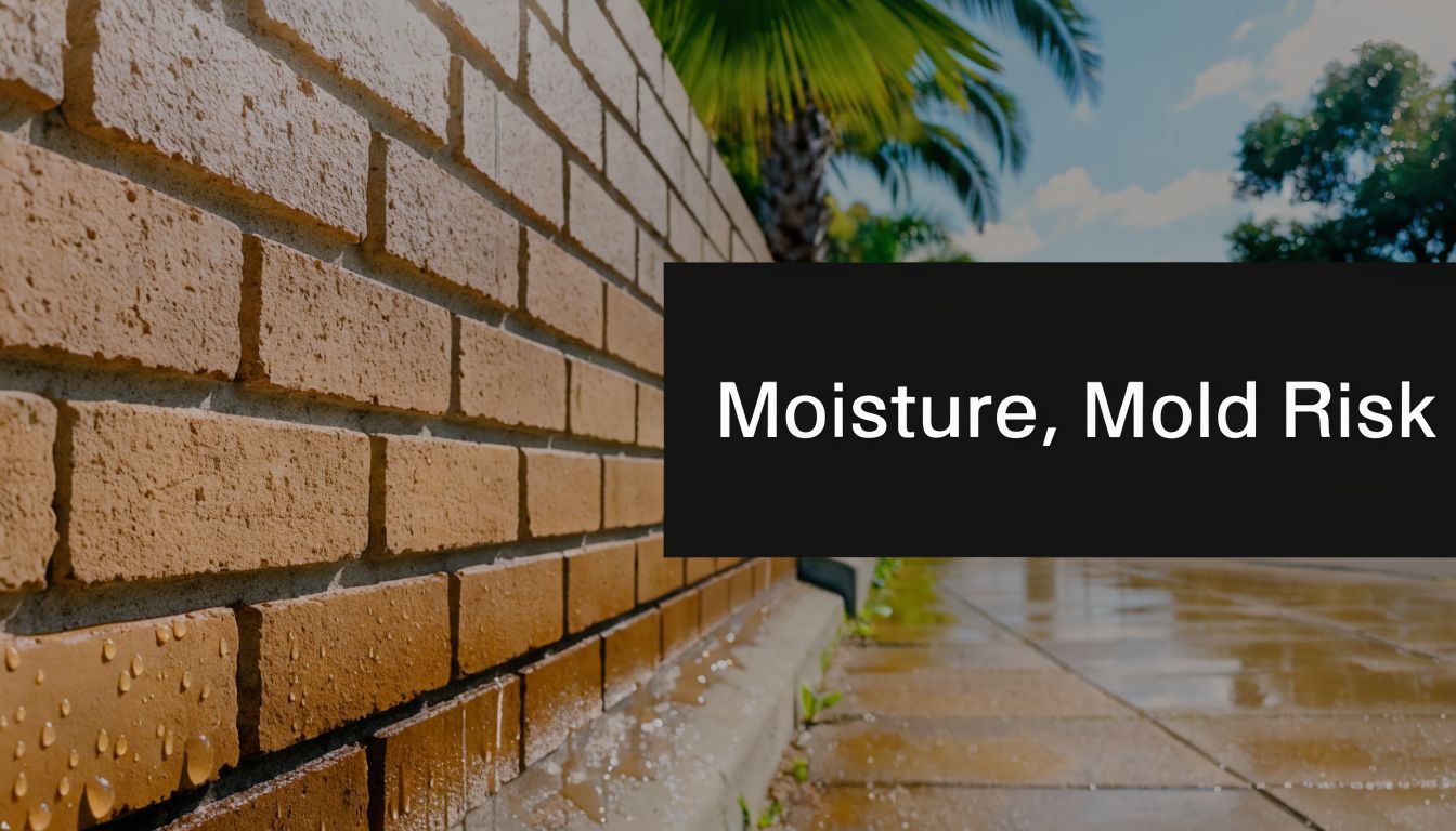 A close-up view of a wet brick wall outdoors, highlighting potential moisture and mold growth risks.