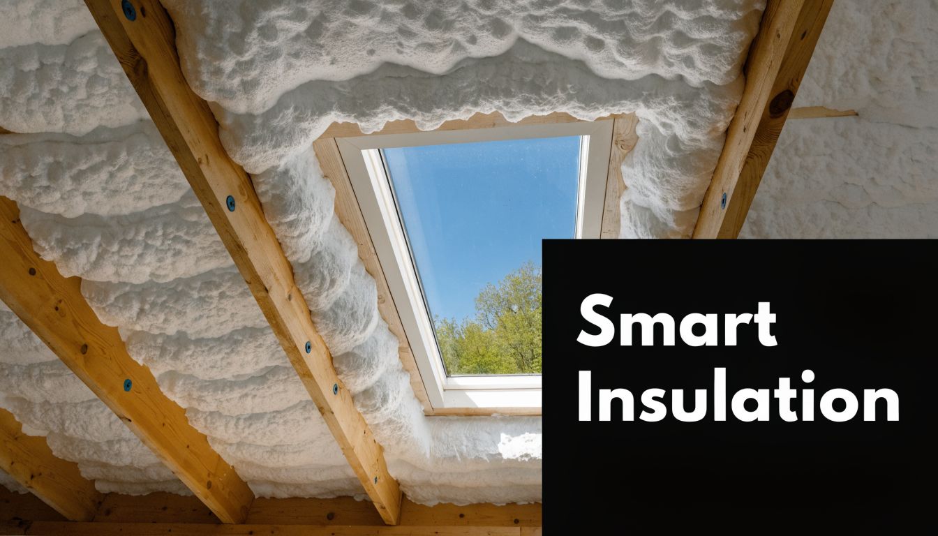 A view of an attic roof interior featuring spray foam insulation applied between exposed wooden ceiling beams.