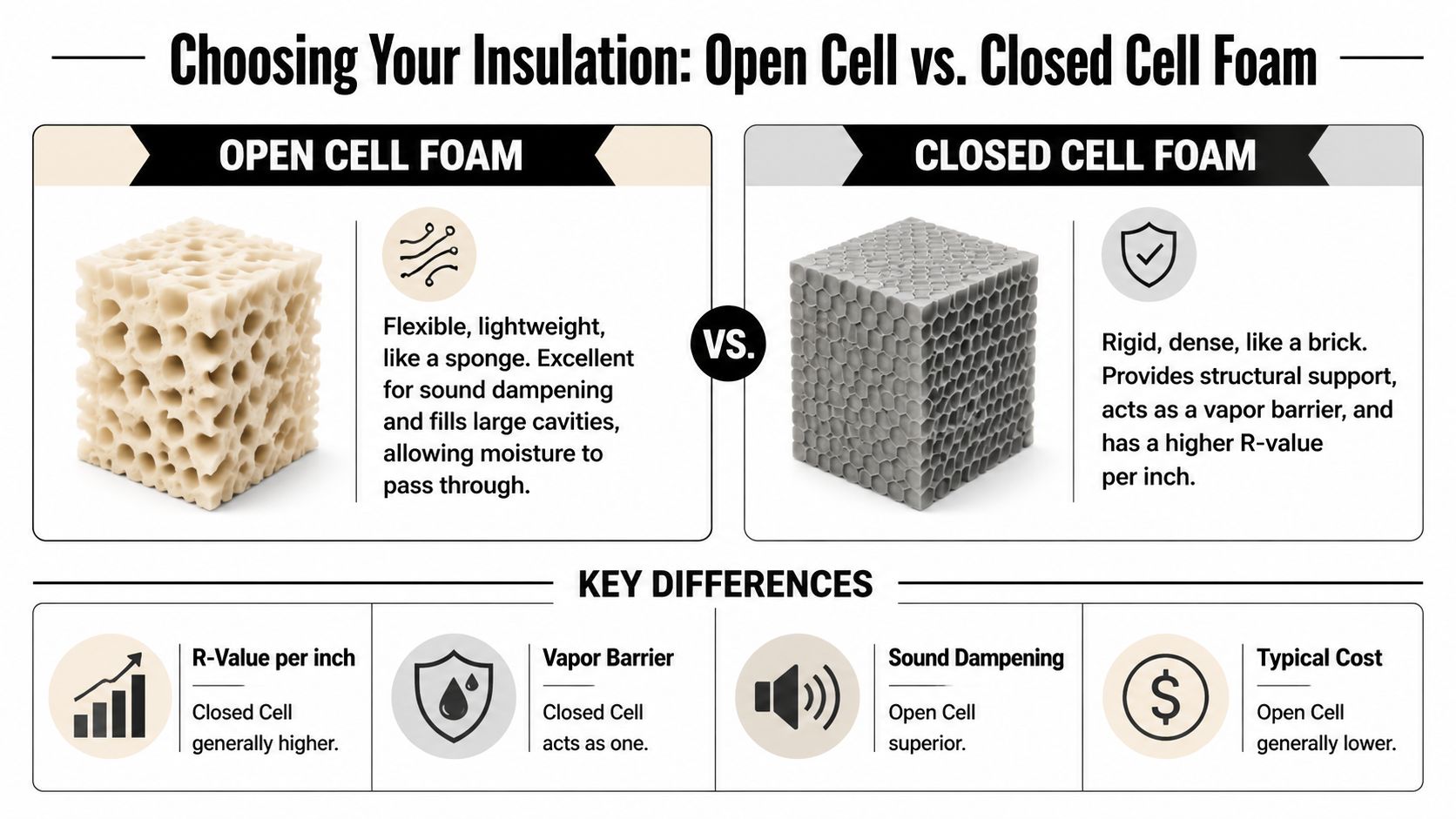 A comparative infographic illustrating the structural and functional differences between open cell and closed cell spray foam insulation.