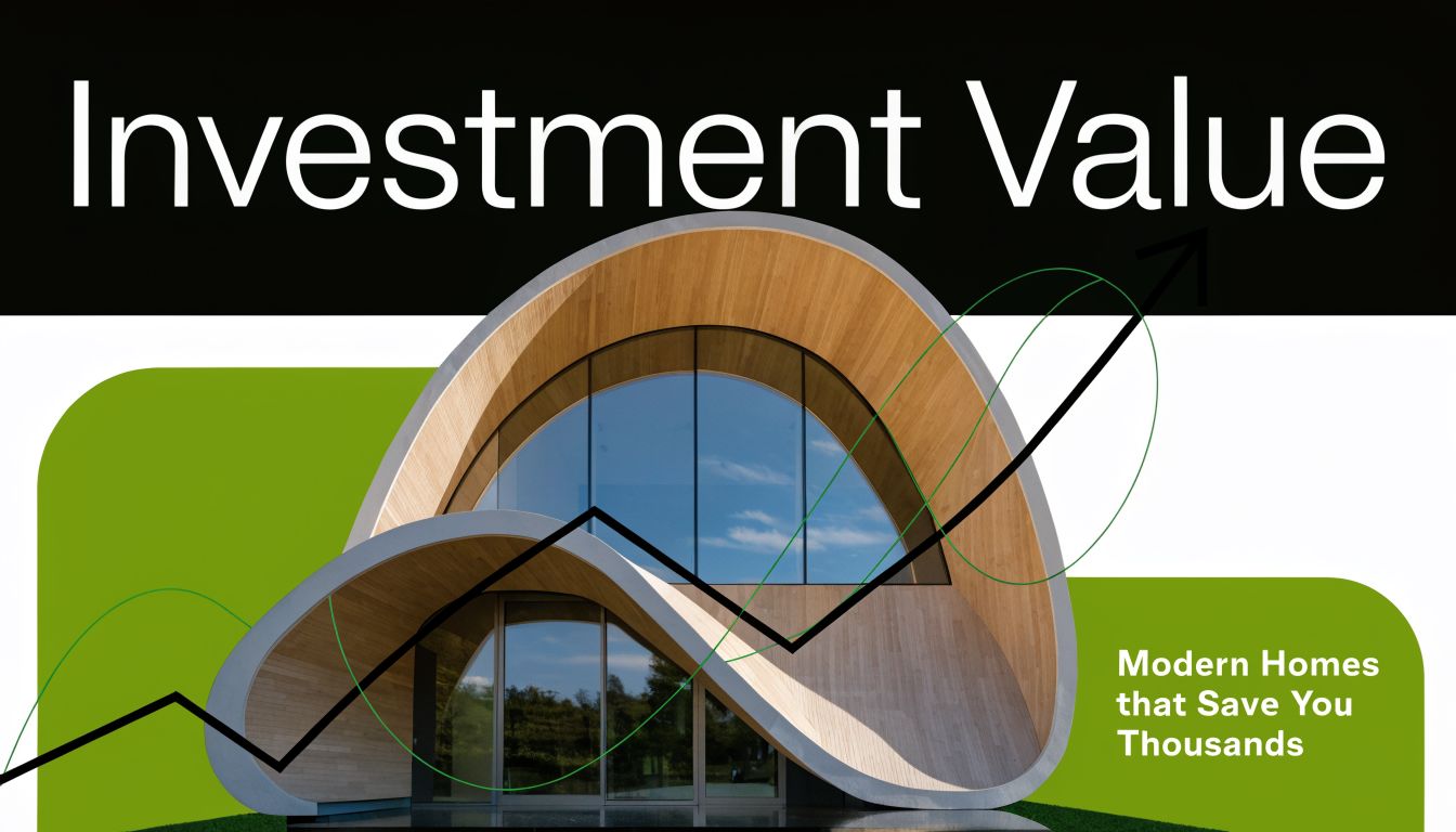 A modern architectural home featuring curved wooden structures with an overlaid financial growth chart graphic.