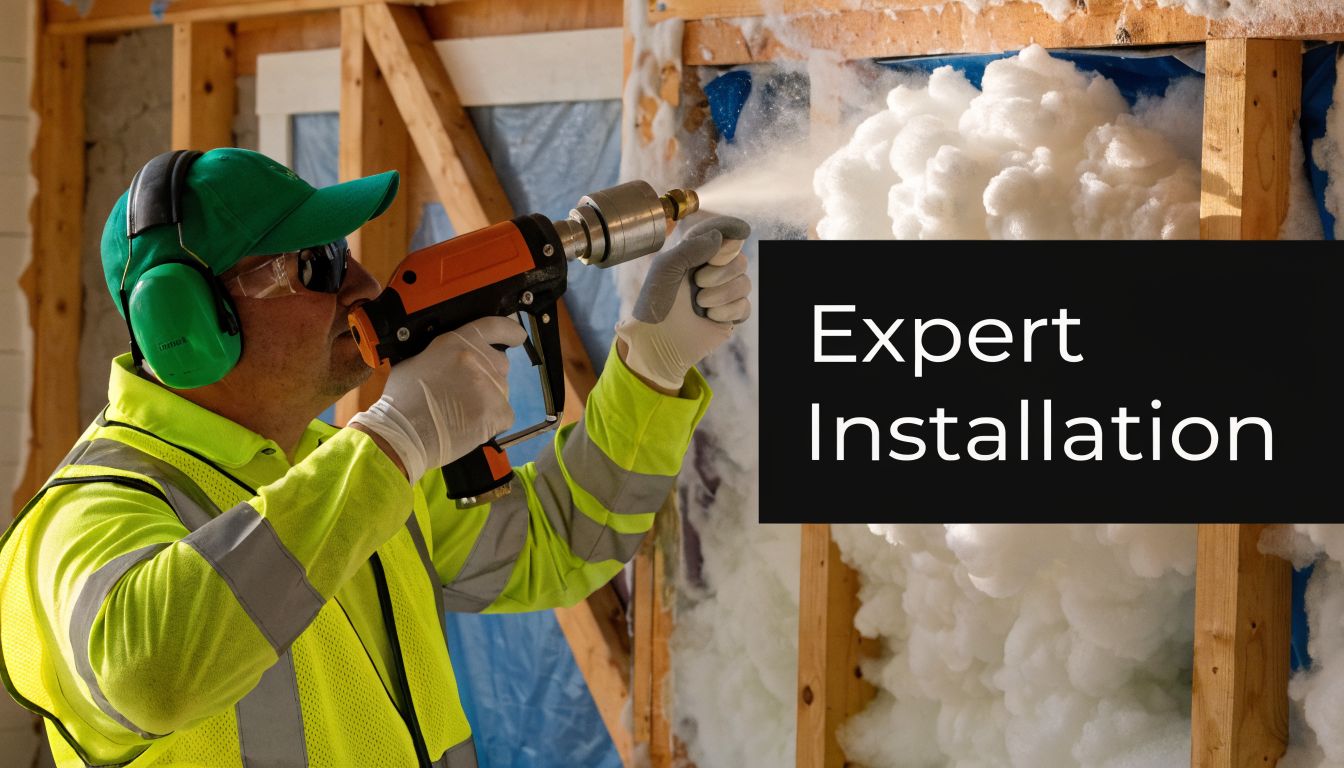 A professional construction worker wearing safety gear applies spray foam insulation to a wooden wall frame.