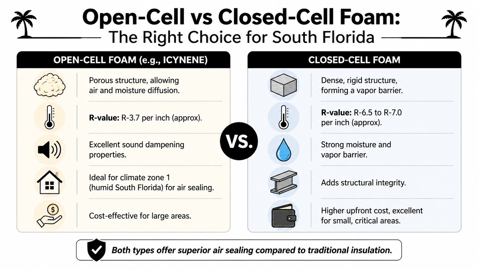 A comparison chart showing the differences between open-cell and closed-cell spray foam insulation for homes.