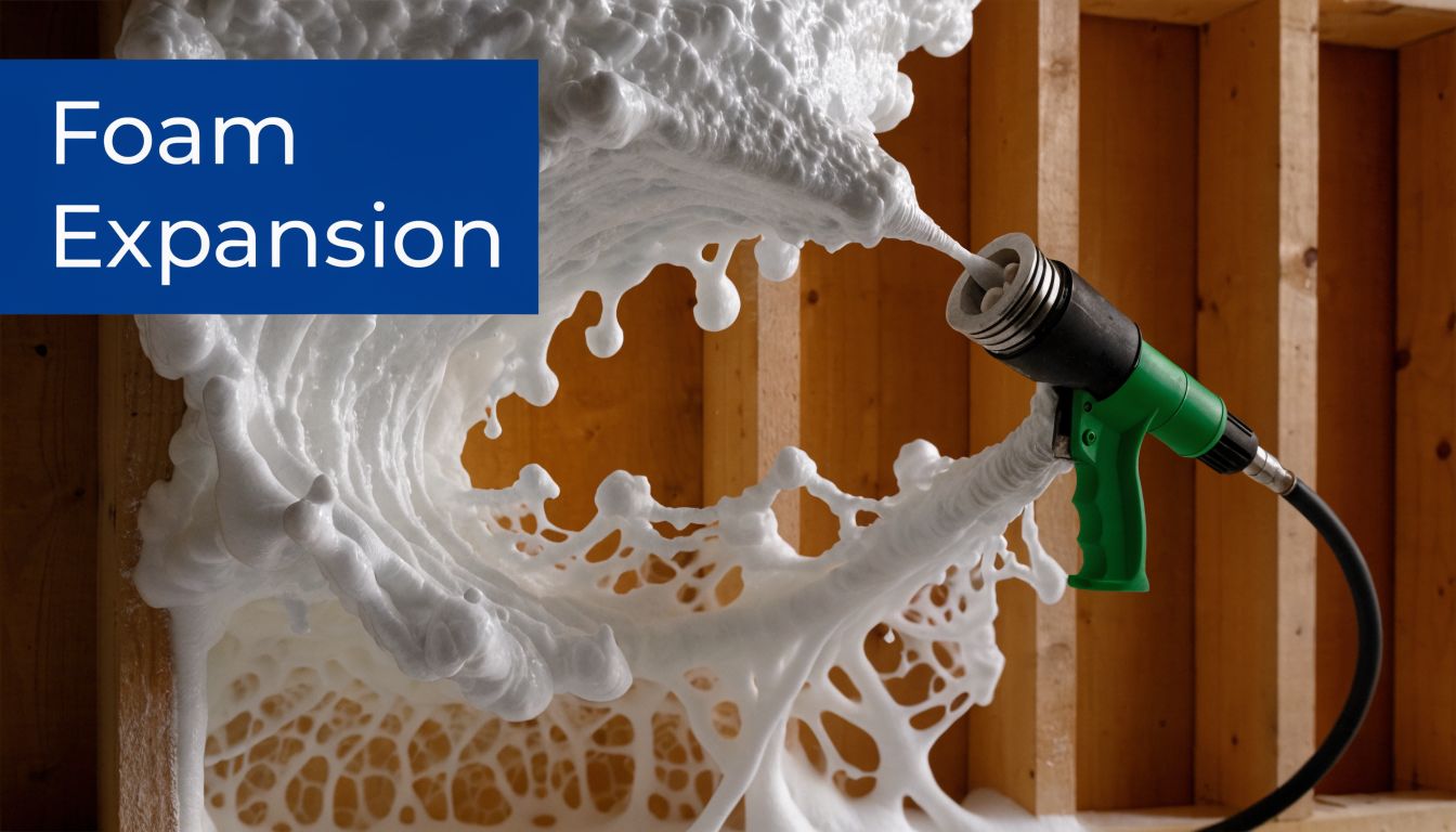 A professional tool spraying white expanding foam insulation onto wooden wall studs during building construction.
