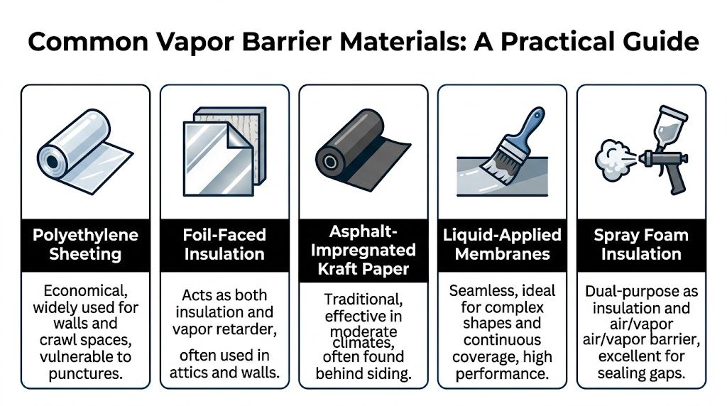 A guide showing five common vapor barrier materials including polyethylene sheeting, foil-faced insulation, and spray foam.