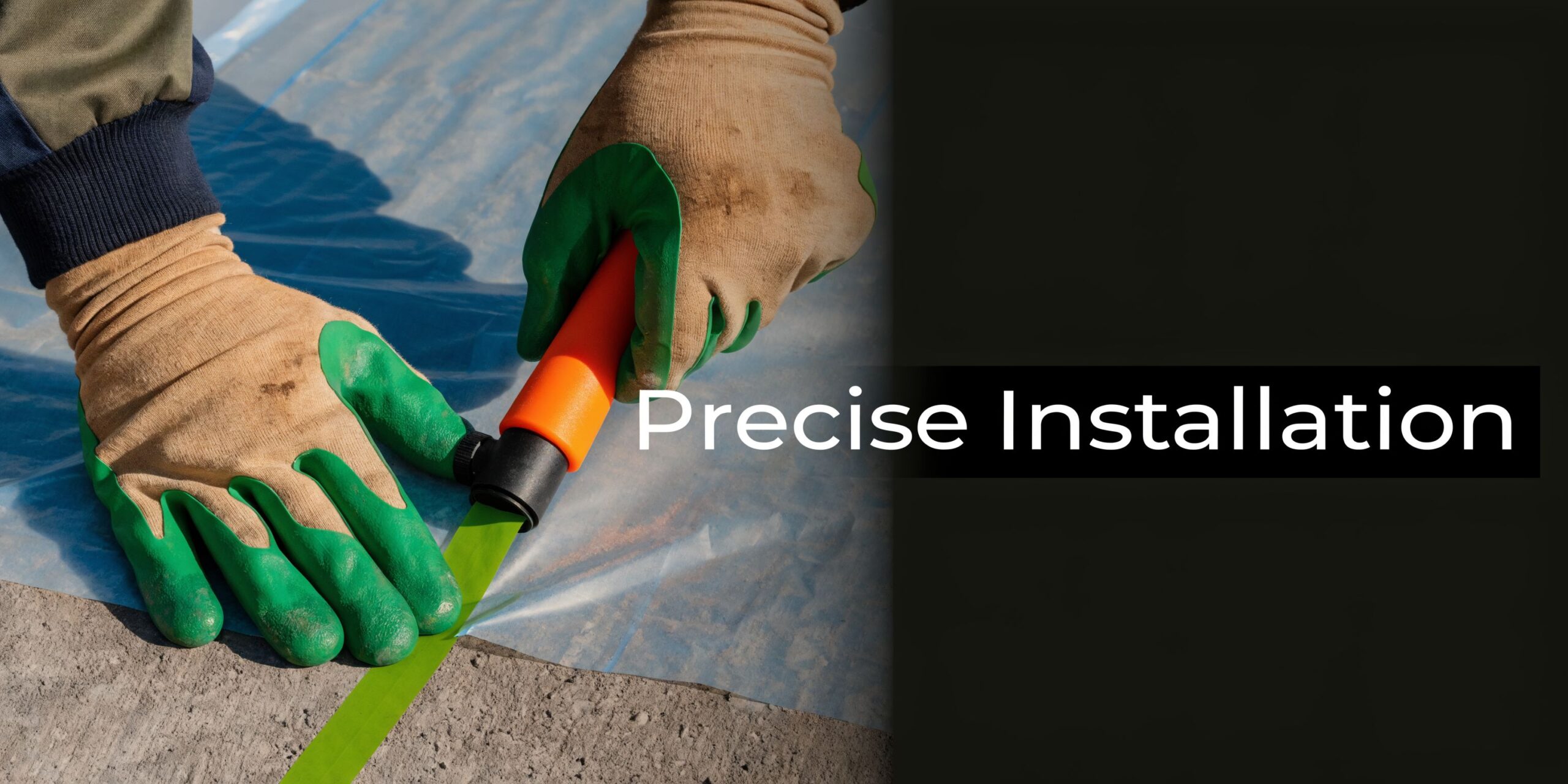 A worker wearing safety gloves installs a vapor barrier using a specialized tool on a construction site.
