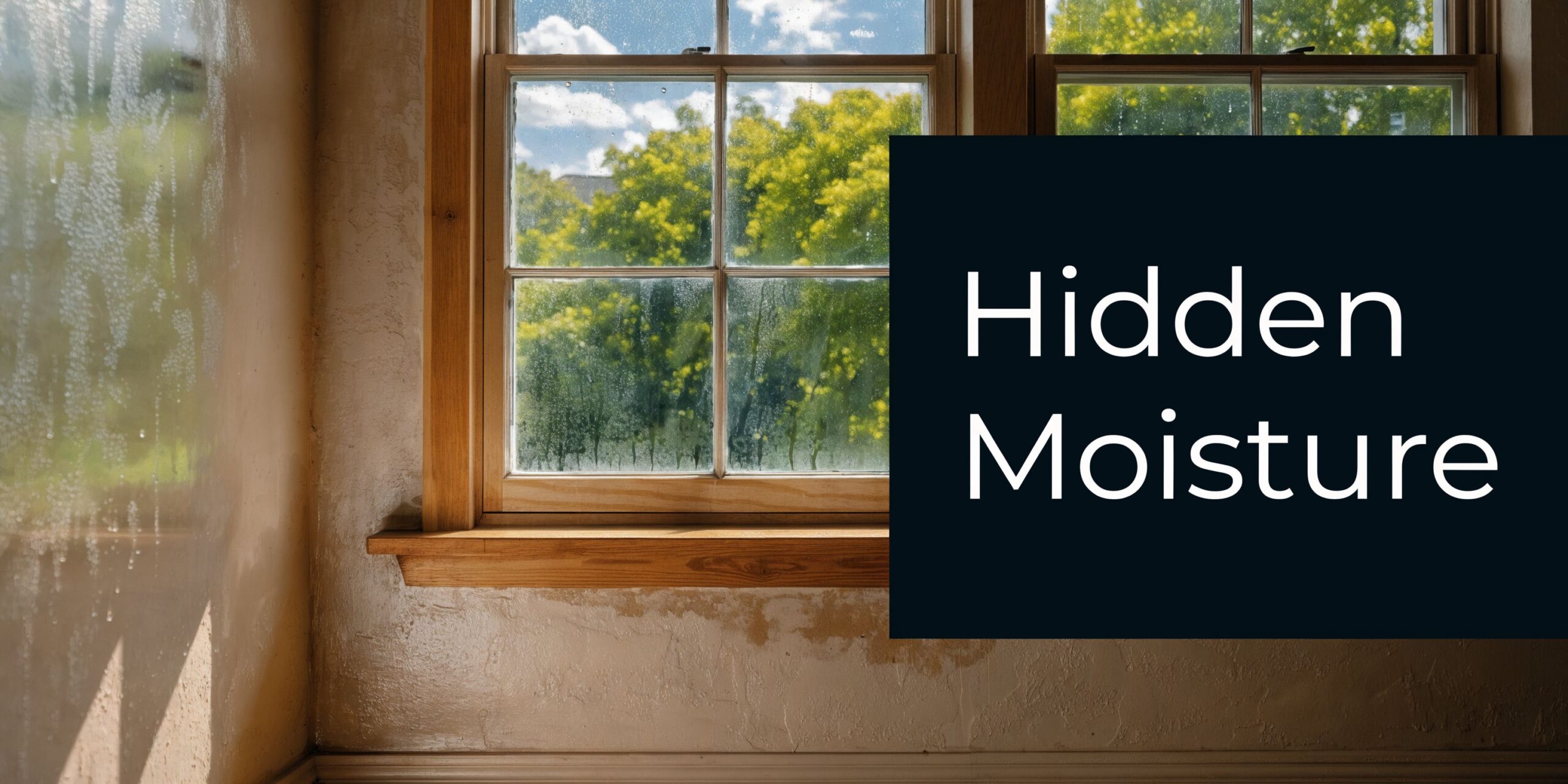 Condensation on windows and damp spots on the wall indicating potential moisture and water damage in home.