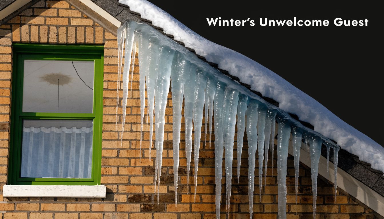 A close-up of large icicles hanging from a brick house roof covered with snow during winter.