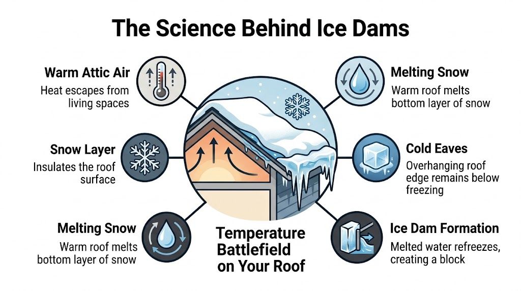 An infographic showing how warm attic air, melting snow, and cold eaves cause ice dam formation.