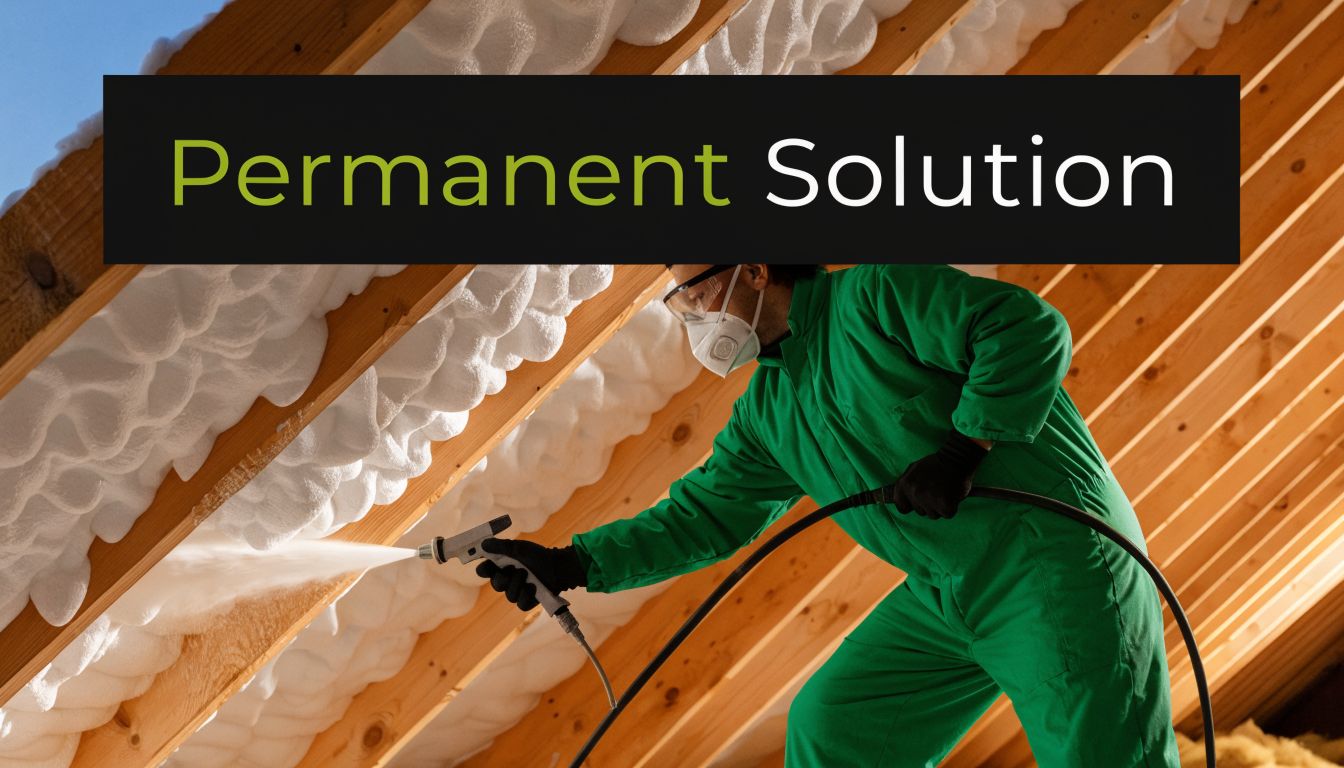 A professional worker in protective gear applies spray foam insulation to a wooden roof structure.