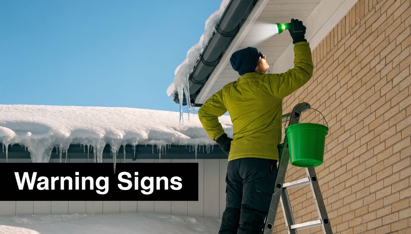 A person on a ladder inspecting ice buildup and icicles on a house roof during winter.