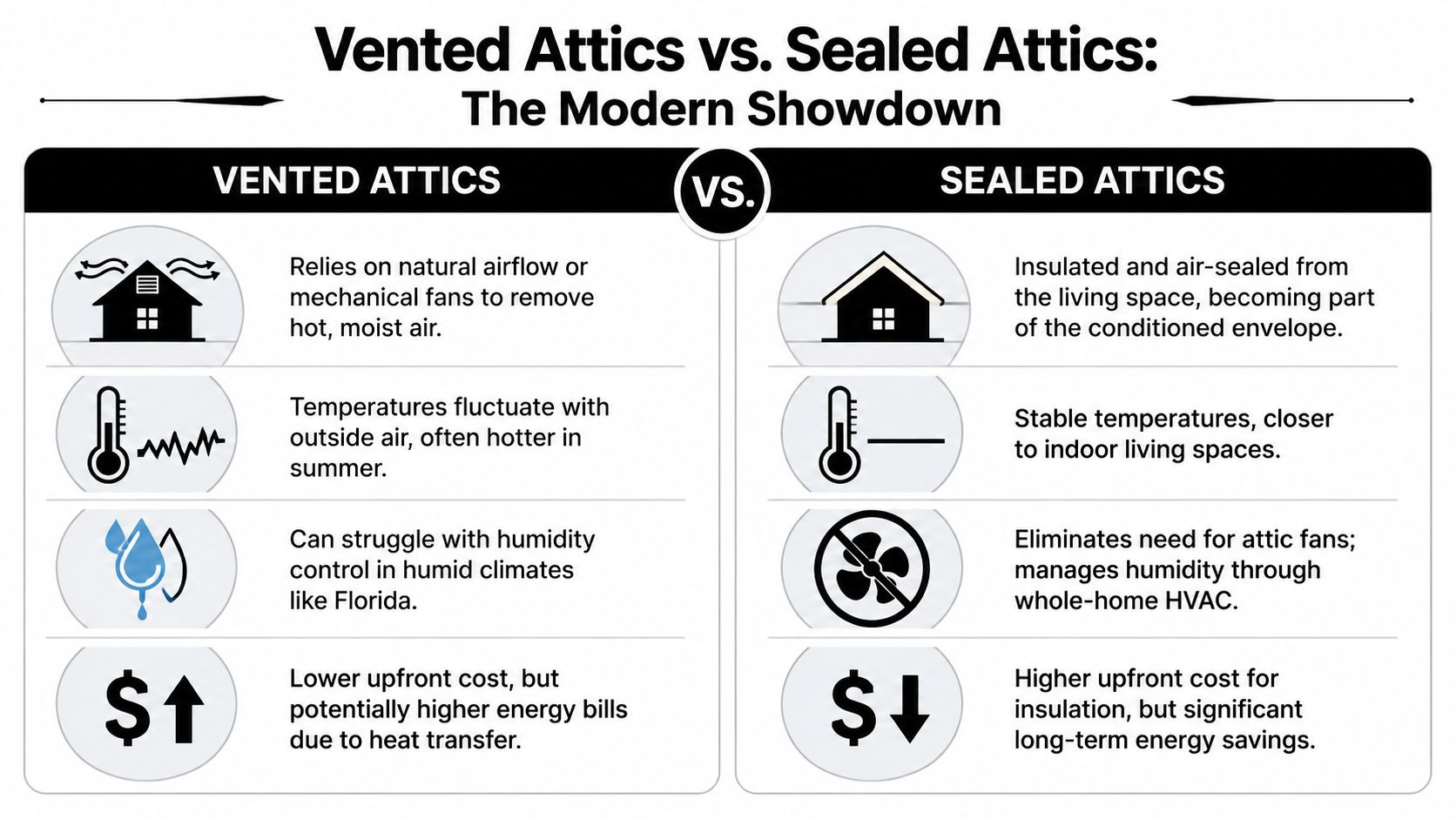 A comparison infographic between vented attics and sealed attics, highlighting pros and cons of both systems.