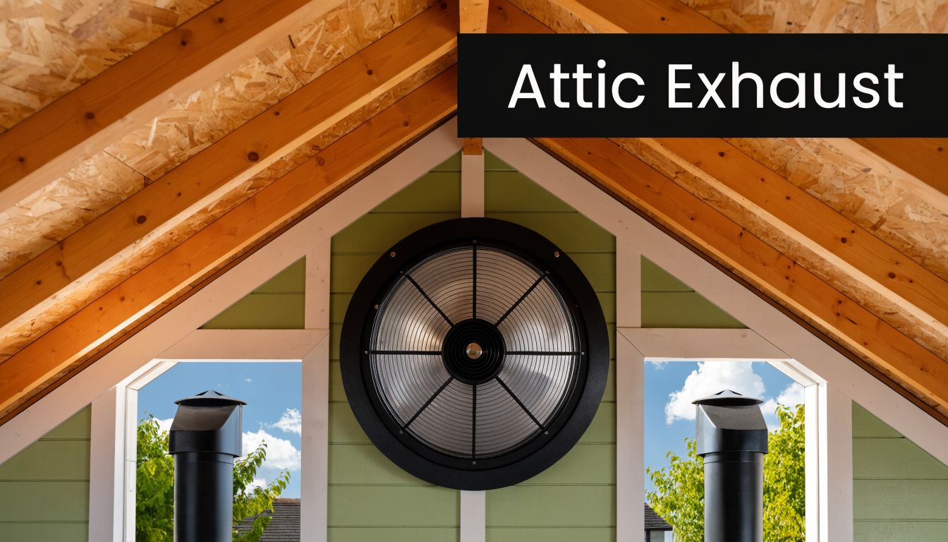 An attic exhaust fan mounted on the green exterior gable wall of a house roof structure.