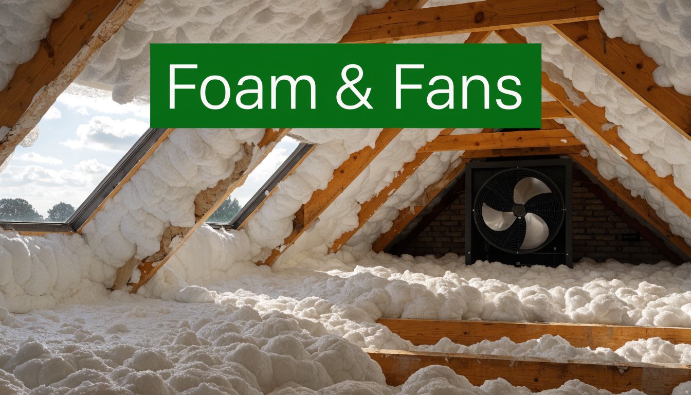 An attic space featuring wooden roof trusses, spray foam insulation, and a mechanical exhaust ventilation fan.